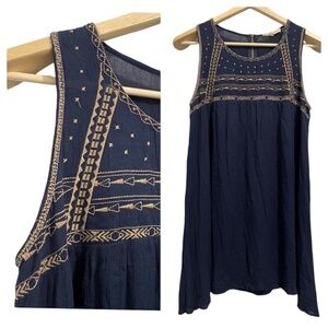 Altar’d State Dress Embroidered Sleeveless Swing Blue Brown Boho Womens Large L